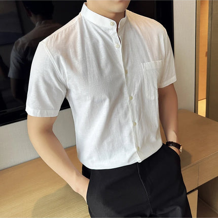 Summer New Chinese Style Linen Cotton Shirts Men's Standing Collar Short Sleeved Thin Breathable Shirt Tops Streetwear 4XL-M