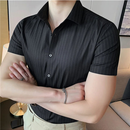 High Quality Ice Silk Traceless Striped Shirt Men's Summer Short Sleeve Slim Casual Business Shirts Tuxedo Men Clothing 4XL-M