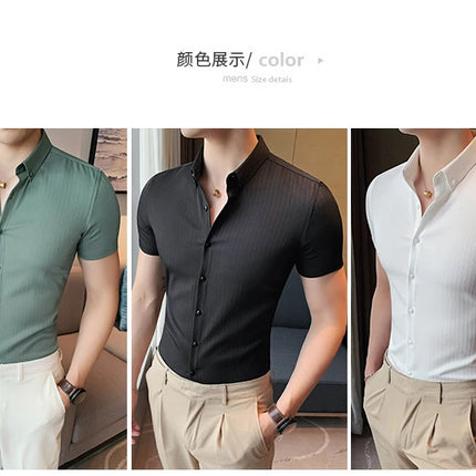 Plus Size 4XL-M Summer Mens Dark Striped Shirts Short Sleeve Fashion 2022 Korean Slim Fit Casual Business Formal Wear Blouse