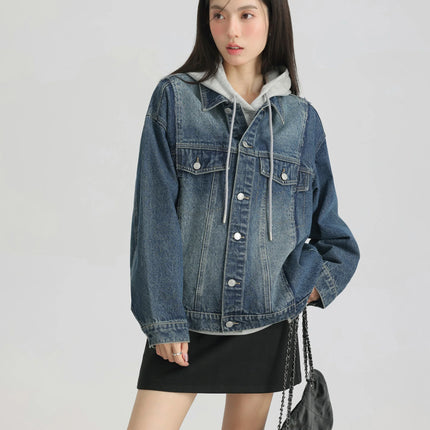 Women Retro Washed Denim Jacket Spring 2025 Oversized Drop Shoulder Loose Fit Casual Fashionable Lapel Collar Chic Jean Coat