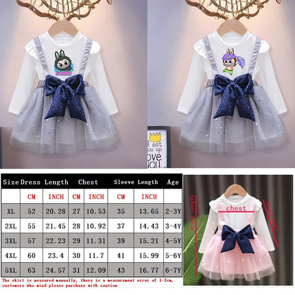 Labubu Cute Mesh Bow Dress for Children Anime Cartoon Kawaii One-piece Dresses Girls Spring New Sweet Fake Two Dress Strap Skirt
