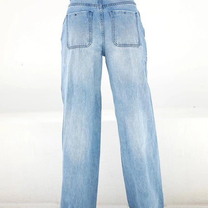 Women Jeans Wide Leg Pants Denim Pockets Streetwear Loose High Waist Full Length Washing Zipper Fly Flat Solid Color 2024