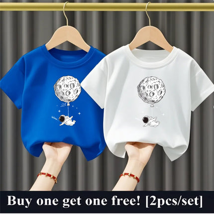 2pcs Boys Cartoon Astronaut  Print T Shirt Set Kids Cotton Short Sleeve Outfit Brother Friend Party Summer Tops 3-14years
