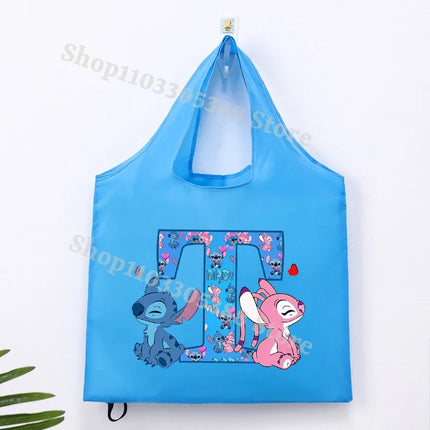Disney Stitch Foldable Shopping Bag for Women Men High-capacity Reusable Handbags Cartoon Letter A-Z Printing Portable Tote-bags