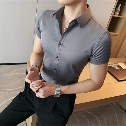 New Summer Men's Short Sleeve Shirt Fashion Business Slim Solid Color Shirt Formal Social Party Casual Dress Men's Clothing 7XL