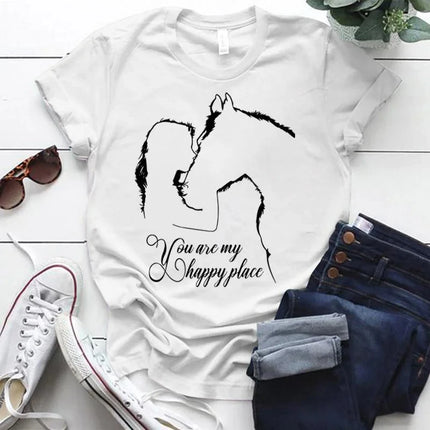 Summer Funny Horse And Girl You Are My Happy Place Print T-shirts Ladies Short Sleeve Tee Shirts Women O-Neck Oversized TShirt