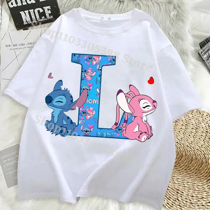 Disney Stitch T-shirts for Women Men Anime Letter A-Z Printed Short Sleeved Shirt Female Male Summer Fashion Top Adults Clothes