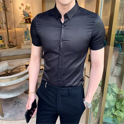 Neckline Embroidery Shirts Men Summer Short Sleeve Slim Fit Casual Shirt Men Solid Color Business Party Dress Shirt Streetwear