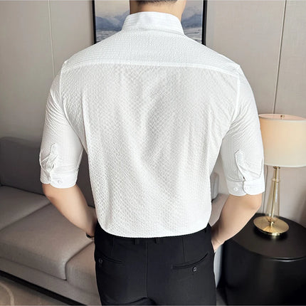 New Chinese Style Stand Up Collar Slim Fit Half Sleeved Shirts Men High Quality Striped Elegant Shirt Summer Social Party Dress