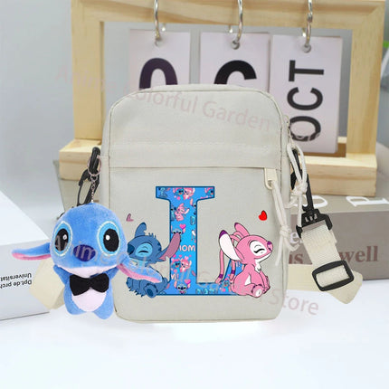 Disney Stitch Canvas Shoulder Bags with Doll Cartoon Letter A-Z Printed Fashion Handbag Multi Pocket Zipper Crossbody Bag Gifts