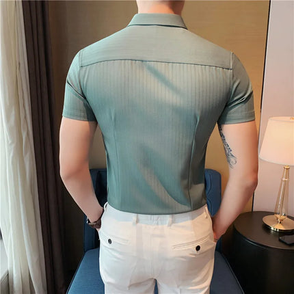 Plus Size 4XL-M Summer Mens Dark Striped Shirts Short Sleeve Fashion 2022 Korean Slim Fit Casual Business Formal Wear Blouse