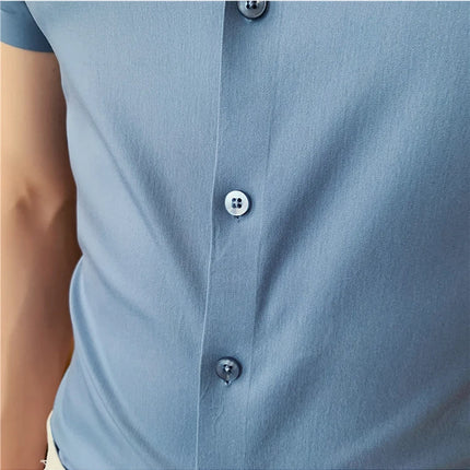 2025 Summer Ice Silk Seamless Shirt High Quality Silky Smooth Short Sleeve Slim Casual Business Tuxedo Shirts Mens Clothing 4XL