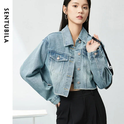 SENTUBILA 100% Cotton Washed Denim Jackets for Women 2025 Spring Casual Loose Turn Down Collar Fashion Short Jacket W41W54341