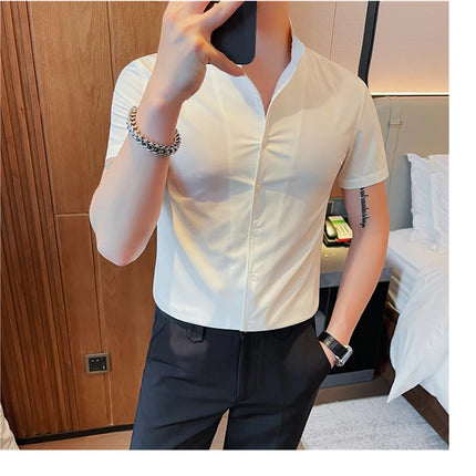 Men's Summer Fashion Stand Collar Business Casual Short Sleeve Shirt Luxury Slim Fit Solid Dress Shirt Brand Men Clothes 5XL-M