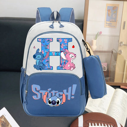 Disney Stitch Large Capacity Backpack with Pencil Bag Cartoon Letter A-Z Printed Fashion Schoolbag Book Stationery Storage Bags