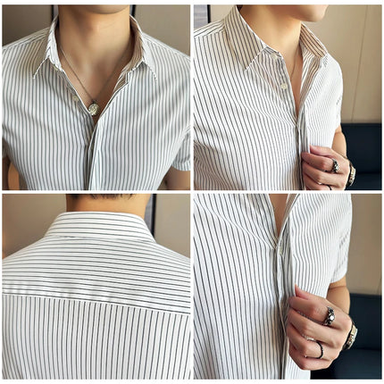 2024 Summer Fashion Vertical Striped Shirts Luxury Men's Hidden Button Short Sleeved Slim Fit Casual Business Shirt Men Clothing
