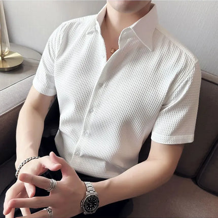 2023 Summer Waffle Short Sleeved Shirt Men Fashion Casual Solid Color Lapel Loose Shirt Male Korean Social Business Dress Blouse