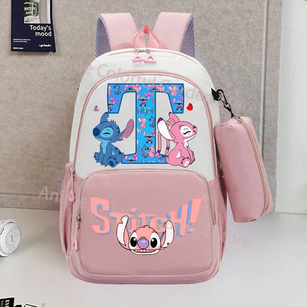 Disney Stitch Backpack with Pencil Bag for Students Anime High-capacity Schoolbag Boys Girls Letter A-Z Printed Backpacks Gifts