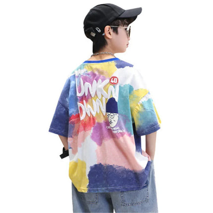 Summer Tie-Dye Cool Kids Boy Casual Tops Print Trendy Children's T-shirt Short Sleeve Teenager Tees Cotton Tshirt 4-14 Years Old