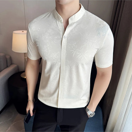 New Chinese Style Stand-up Collar Seamless Polo Shirts Summer Fashion Jacquard Short Sleeve Slim Elasticity Breathable T-shirt