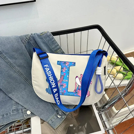 Stitch Fashion Nylon Shoulder Bag for Women Cartoon Letter A-Z Printed Crossboby Bags Girls Portable Simple Zipper Handbag Gifts