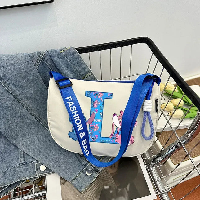Stitch Fashion Nylon Shoulder Bag for Women Cartoon Letter A-Z Printed Crossboby Bags Girls Portable Simple Zipper Handbag Gifts