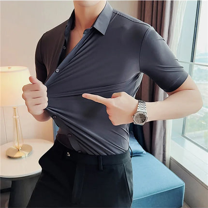 6 Colors Summer Ice Silk No Trace High Elasticity Shirt Men High Quality Short Sleeve Slim Fit Casual Business Dress Shirt 4XL-M