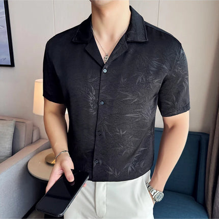 New Chinese Jacquard Shirt Luxury Men Elegant Print Slim Fit Casual Prom Social Shirts High Quality Summer Short Sleeved Tuxedo