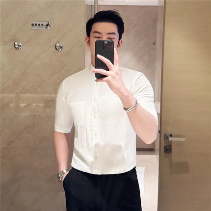 Summer New Chinese Style Stand Up Collar Shirt High Quality Slim Fit Half Sleeved Casual Social Party Shirt Men's Clothing 4XL-M
