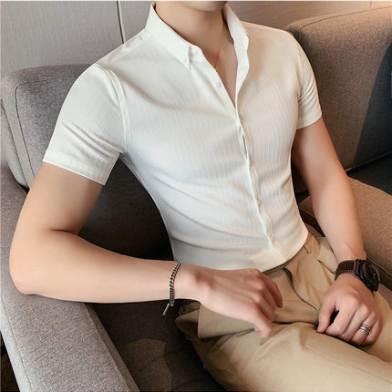 Plus Size 4XL-M Summer Mens Dark Striped Shirts Short Sleeve Fashion 2022 Korean Slim Fit Casual Business Formal Wear Blouse