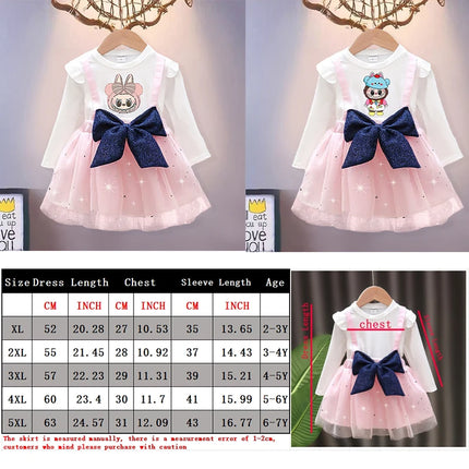 Labubu Sweet Mesh Dress with Bow for Girls Anime Cartoon Cute Suspender Skirt Children Spring Fashion Fake Two Dresses Gifts