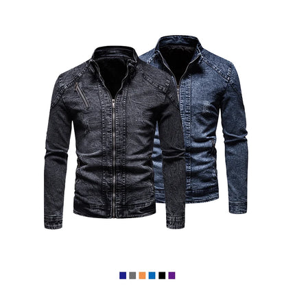 Cowboy jacket men's retro style personalized slim fit stand up collar zipper warm workwear jacket motorcycle riding suit