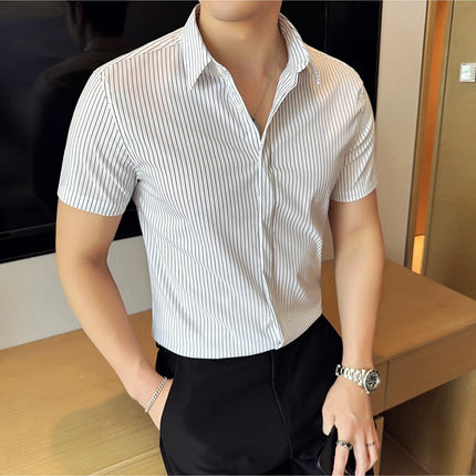 2024 Summer Fashion Vertical Striped Shirts Luxury Men's Hidden Button Short Sleeved Slim Fit Casual Business Shirt Men Clothing