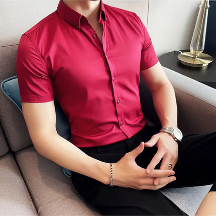 2025 Summer Solid Slim Fit Shirt High Quality Men Business Casual Short Sleeved Social Party Shirts Men Clothing Plus Size 5XL-M