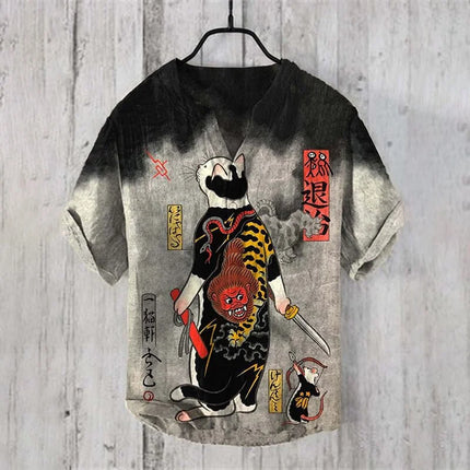 New bamboo linen 100% men's short-sleeved casual street beach V-neck short-sleeved shirt New Hawaiian linen shirt hill print shi