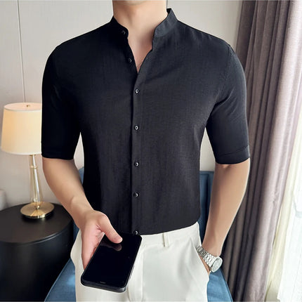 2024 Summer New Chinese Style Linen Shirts Men's Half sleeve Stand-Up Collar Linen Cotton Business Casual Slim Versatile Shirts