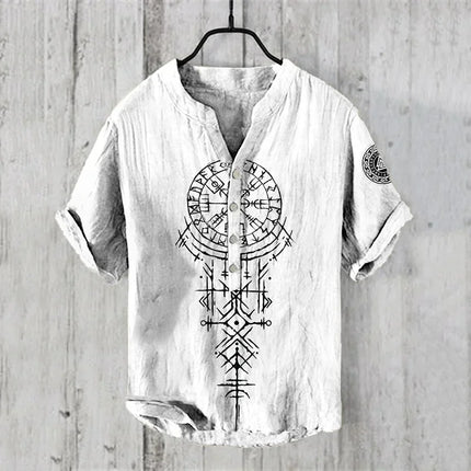 Men's Linen V-neck Shirt Hawaiian Men's T-shirt 2024 New 100% Linen Shirt HD Pattern Plus Size White Crane Landscape Painting