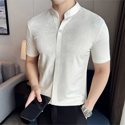 New Chinese Style Stand-up Collar Seamless Polo Shirts Summer Fashion Jacquard Short Sleeve Slim Elasticity Breathable T-shirt