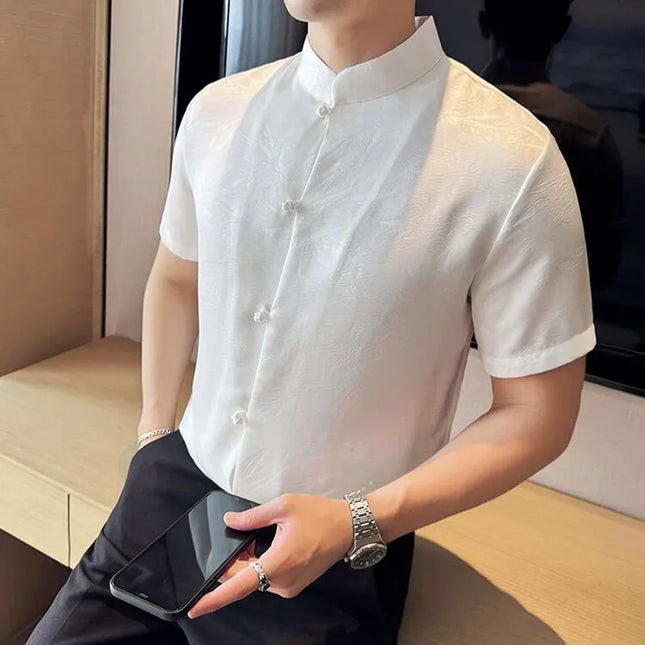 2024 Summer Chinese Style Standing Collar Shirts For Men Fashion Print Short Sleeve Slim Fit Casual Social Party Tuxedo 4XL-M