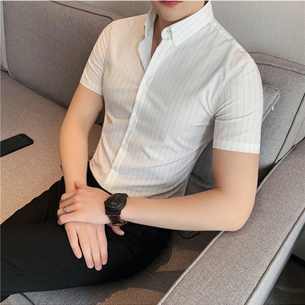 High Quality Pinstripe Casual Shirts  For Men 2024 Summer Slim Fit Business Social Elastic Social Party Shirt Plus Size 4XL-M