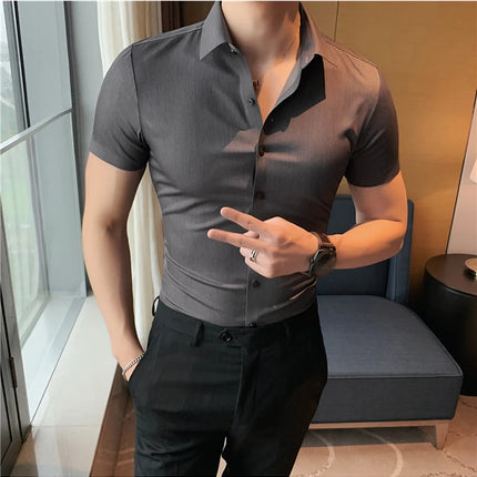 2025 Summer Ice Silk Seamless Shirt High Quality Silky Smooth Short Sleeve Slim Casual Business Tuxedo Shirts Mens Clothing 4XL