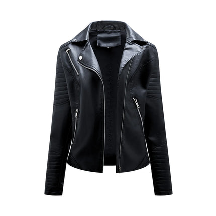 Spring and Autumn short women's leather jacket, Slim lapel biker suit, oblique zipper jacket women's coat