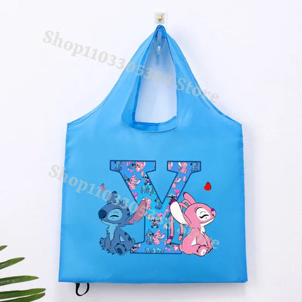 Disney Stitch Foldable Shopping Bag for Women Men High-capacity Reusable Handbags Cartoon Letter A-Z Printing Portable Tote-bags