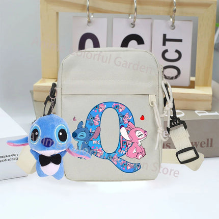 Disney Stitch Canvas Shoulder Bags with Doll Cartoon Letter A-Z Printed Fashion Handbag Multi Pocket Zipper Crossbody Bag Gifts