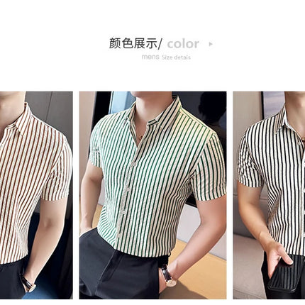 2025 Summer Fashion Vertical Striped Shirts Luxury Men's Short Sleeved Slim Fit Casual Pleated Business Shirt Men Clothing 4XL-M
