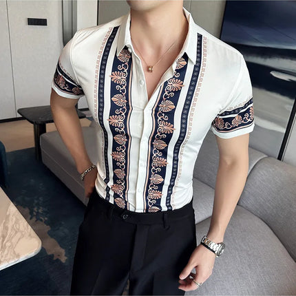 2023 Summer New Fashion Short Sleeve Print Shirt Men Slim Fit Business Social Party Dress Shirts Streetwear Plus Size 6XL-M