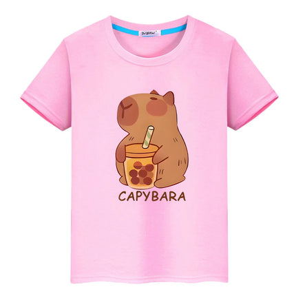 Capybara drinks milk tea print anime Short t shirt for kids boy 10year y2k one piece 100%Cotton Tops pride tshirt girls clothes
