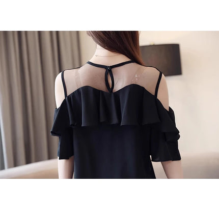 Mesh Chiffon Bluse Sommer Kurzarm Rüschen Tops Sexy Off Shoulder Shirt
