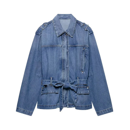 Summer Women's Belt Denim Jacket 2025 New Fashion Casual Loose Long Sleeve Jacket Elegant Women's Outerwear