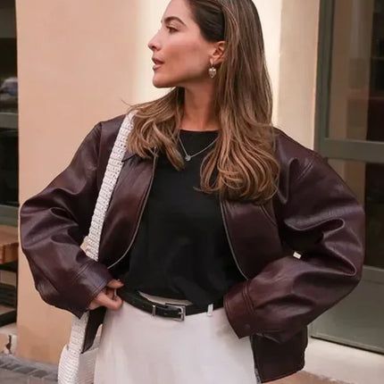 Women Red Wine Leather Short Jackets With Belt Vintage Turndown Collar Long Sleeve Coats 2024 Female Chic Streetwear Cardigan